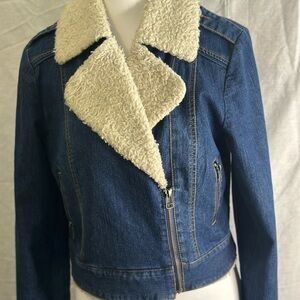 Forever 21 Blue Denim Jacket with Cream Sherpa Collar